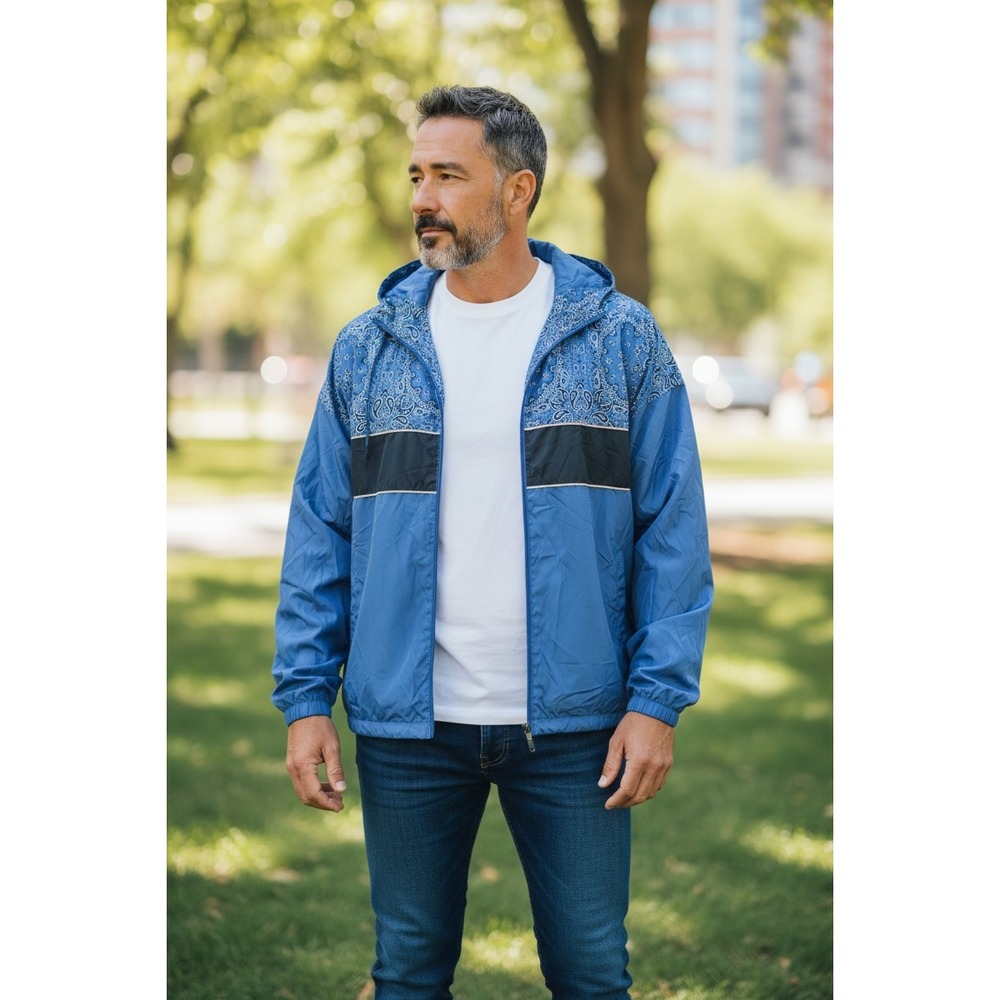 Original Use Mens Blue Bandana Print Hooded Windbreaker Jacket Size‎ L